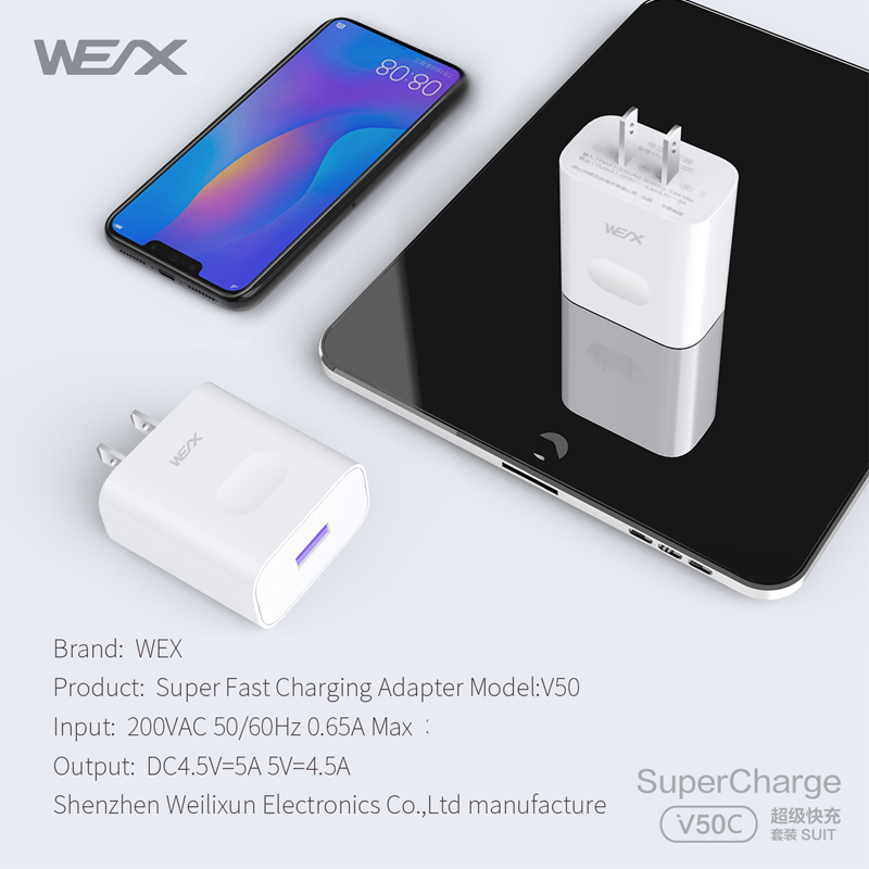 WEX - V50C 22.5W HUAWEI Adaptador de corriente de carga ultrarrápido, cargador de pared, cargador de viaje combinado con un cable de 5 A