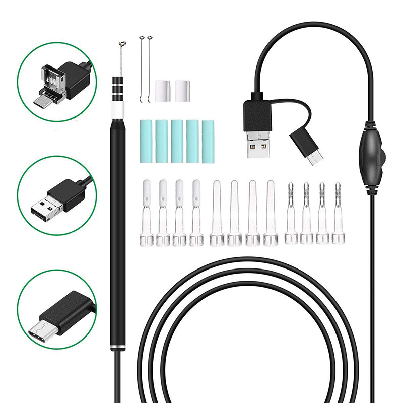 Otoscopio Wifi 3 en 1 Herramienta de remoción de cera en el oído Cámara impermeable 720P con 6 LED ajustables Compatible con Android e iOS