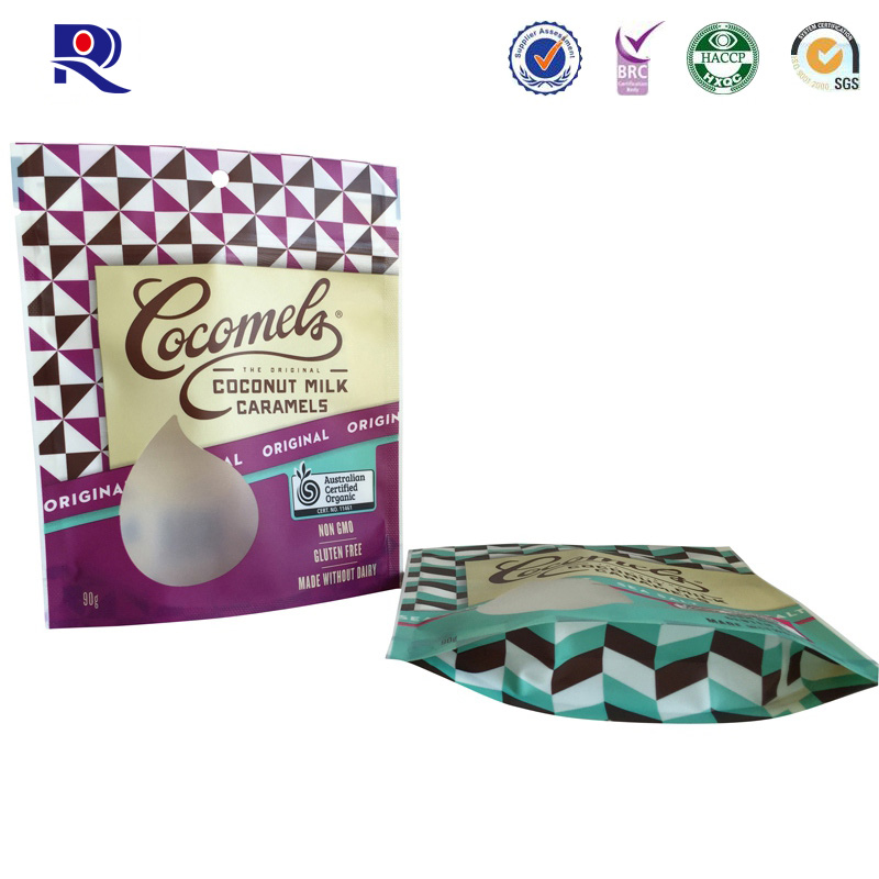 Impresión y laminado plástico plegable de pie bolsa chocolate leche Coco