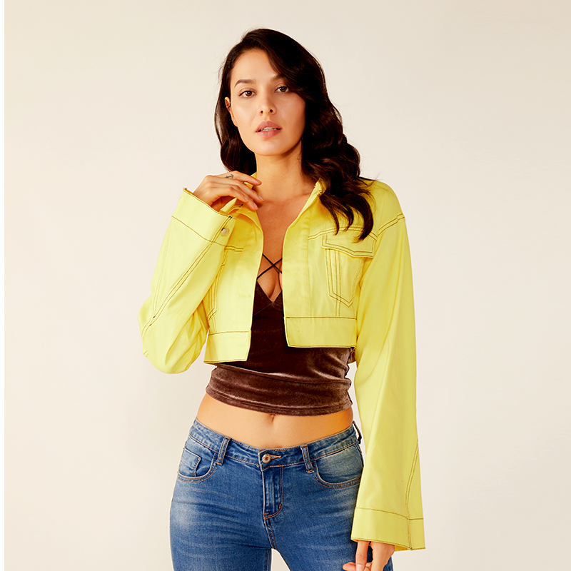 Chaqueta corta sexy de neón de manga larga amarilla de moda de verano para mujer