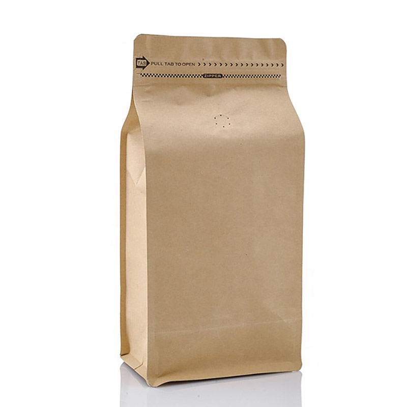 Bolsas de granos de café de papel kraft de papel plano marrón de fondo plano 100g 250g 500g 1kg de alta calidad con válvula y cierre zip