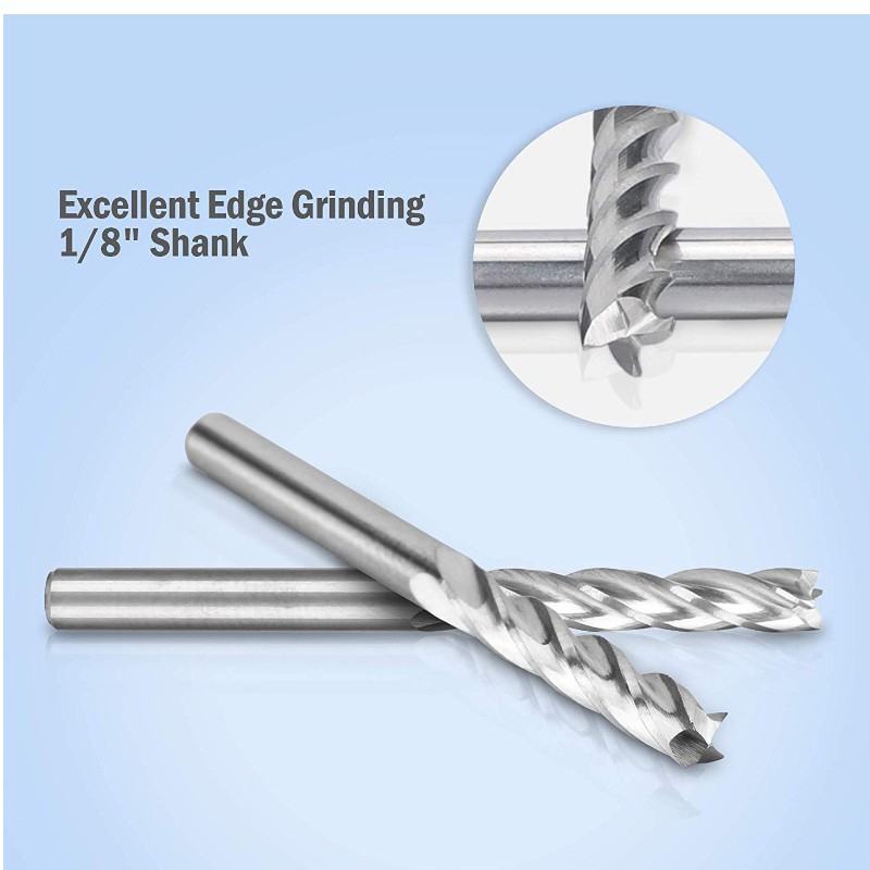 Fresa de extremo CNC 1/8 Brocas de fresadora 1 8 Vástago Cortador de fresado en espiral de 4 flautas Conjunto de herramientas de corte de madera de acero de tungsteno 17 mm CEL, 38.5 mm OAL para tablero de densidad de PVC MDF acrílico Madera contrachapada de madera dura