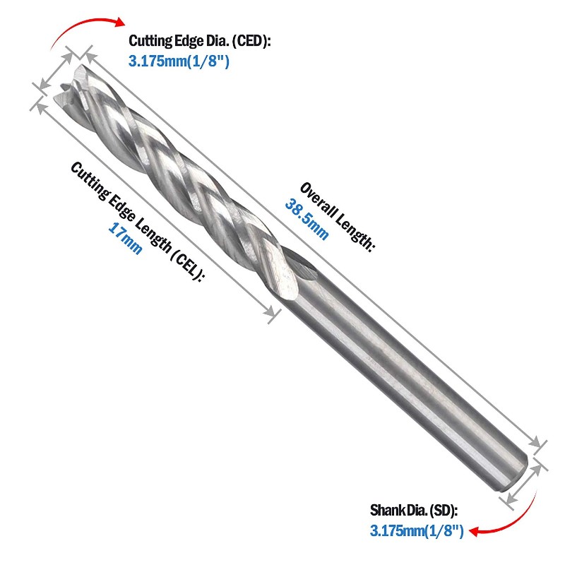 Fresa de extremo CNC 1/8 Brocas de fresadora 1 8 Vástago Cortador de fresado en espiral de 4 flautas Conjunto de herramientas de corte de madera de acero de tungsteno 17 mm CEL, 38.5 mm OAL para tablero de densidad de PVC MDF acrílico Madera contrachapada de madera dura