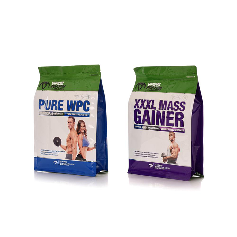 Fabricante 1 kg Suplementos de proteínas de fondo plano Bolsa de bolsa con ventana transparente Bolsa de caja de bolsa de fondo cuadrado con tapa de cremallera