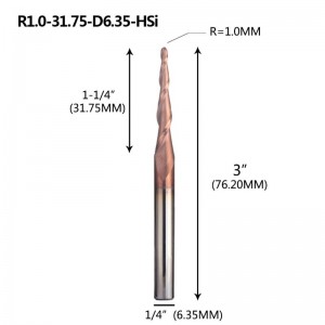 Molino de extremo de radio de bola cónica Vástago de 1/4 \