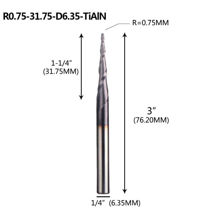 Fresa cónica de punta esférica de 1/4 X 3 pulgadas con punta de bola de 0.75 mm 4.36 grados para brocas de grabado de máquina CNC