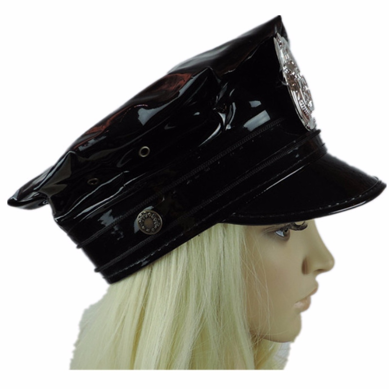 Hawk Hat Badge PVC PU gorra de cuero negro octogonal cuero gorra de policía gorra militar de cuero juego de roles gorra uniforme sombreros