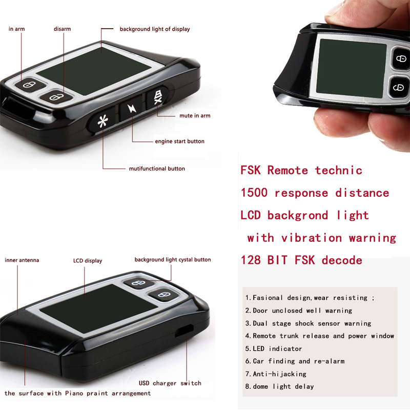 Capturador de código de coche con dos transmisores FSK LCD alarma remota de coche 500m