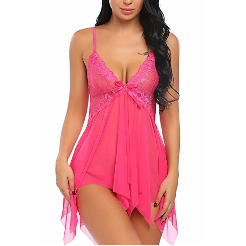 Mujeres Lencería sexy Encaje Babydoll Cuello en V Ropa de dormir Correa Chemise en varios colores rose-team