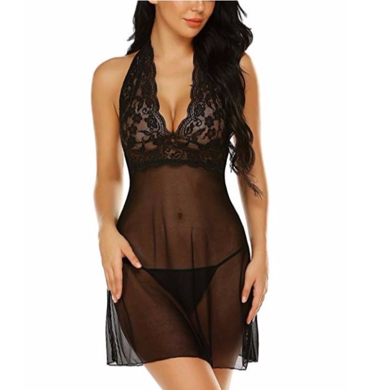 Mujeres Lencería Halter Chemise Lace Babydoll Mesh Ropa de dormir Cuello en V Teddy Rose-team