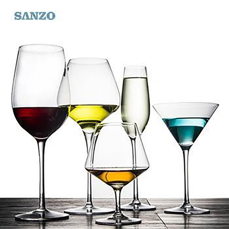 SANZO Tallo negro Globo Lismore Copa de vino Cristal sin plomo hecho a mano Gafas grabadas Gafas gruesas