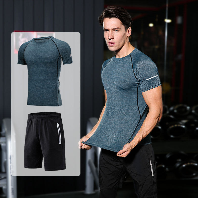 FDMM003-3 Traje deportivo para hombre, camiseta + Pantalones cortos sueltos + Pantalones ajustados para correr