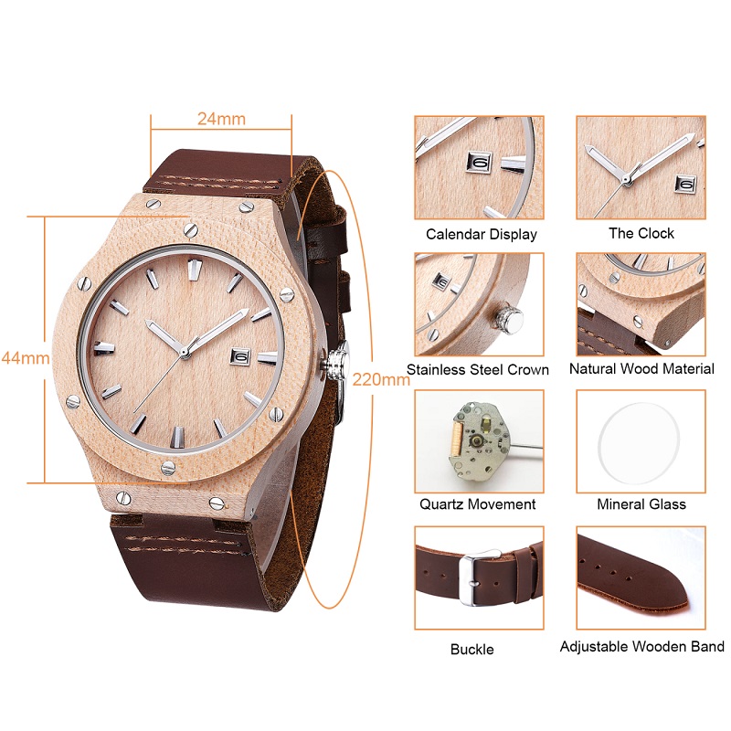 Reloj de madera natural Hombre Correa de cuero de cuarzo analógico Novela de moda Reloj de cebra Reloj moderno moderno para hombre