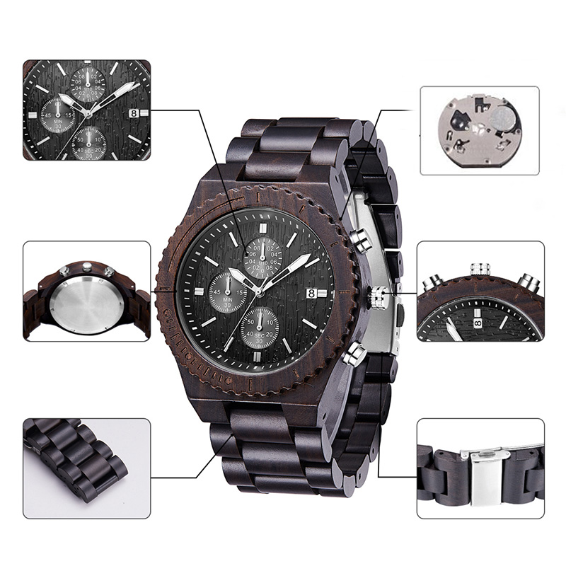 Reloj de madera Cronógrafo para hombre Multifunción Negro Ecológico Reloj de madera natural