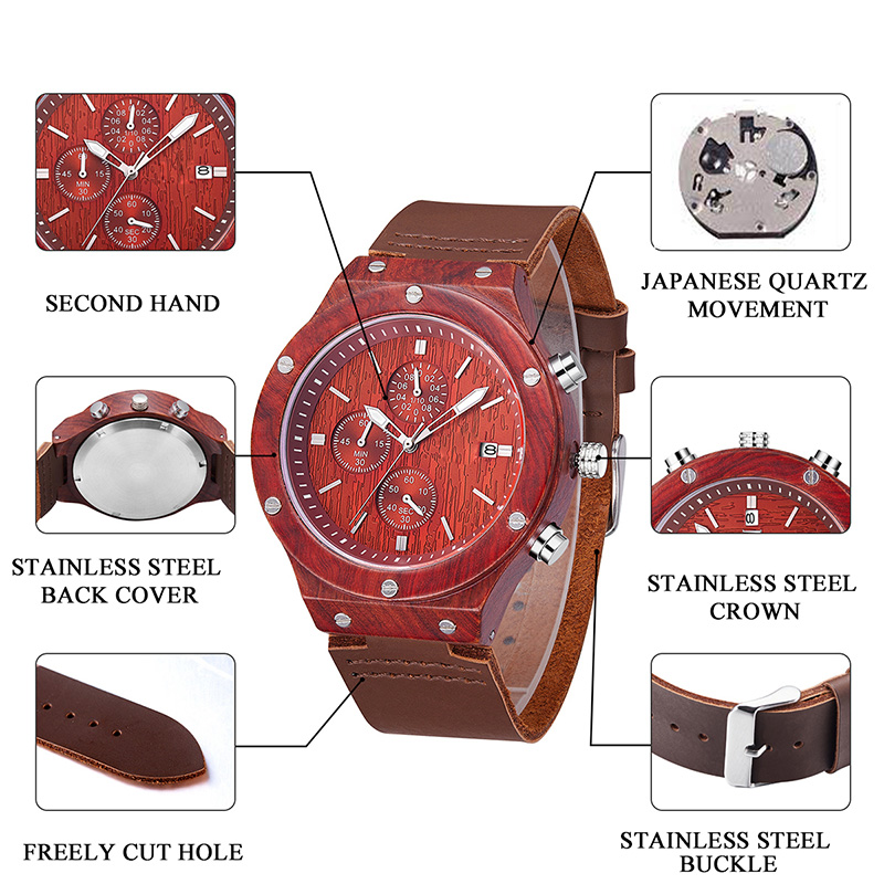 2019 Nueva correa de cuero suave roja Sandalwood Dial reloj de pulsera de madera