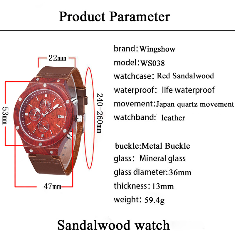 2019 Nueva correa de cuero suave roja Sandalwood Dial reloj de pulsera de madera