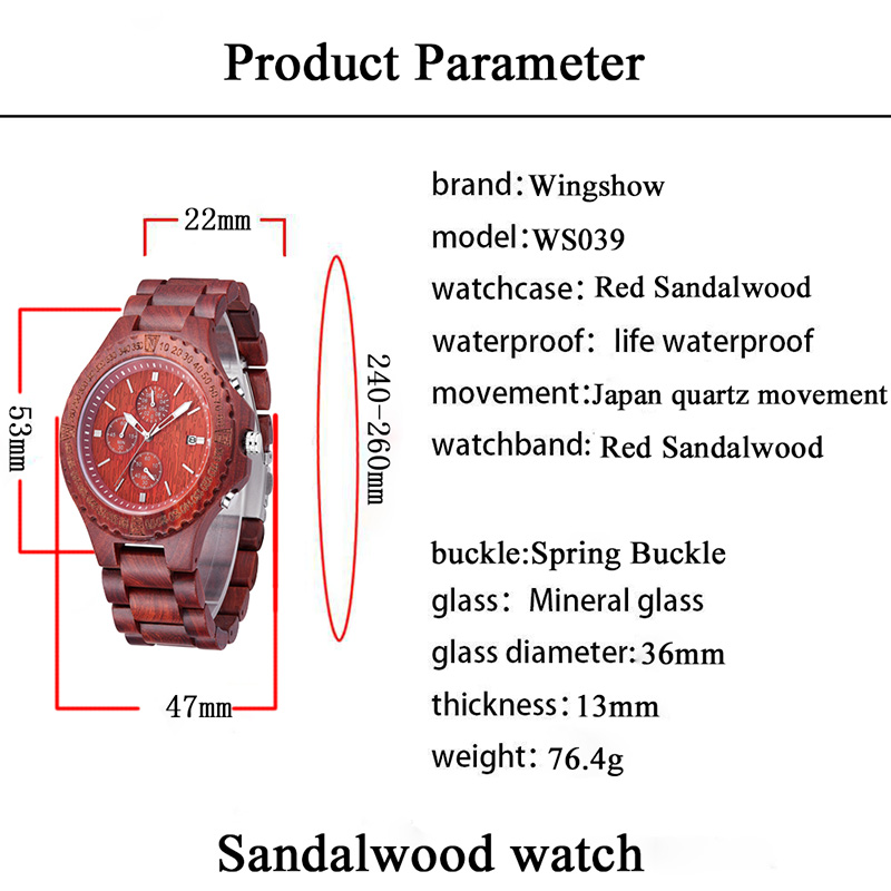 Reloj clásico clásico de cuarzo con sándalo rojo