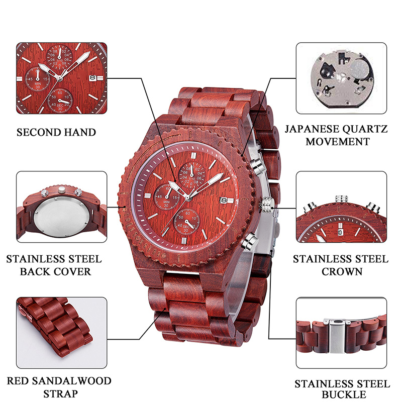 Reloj impermeable de sándalo rojo con pantalla de fecha Relojes de cuarzo de moda