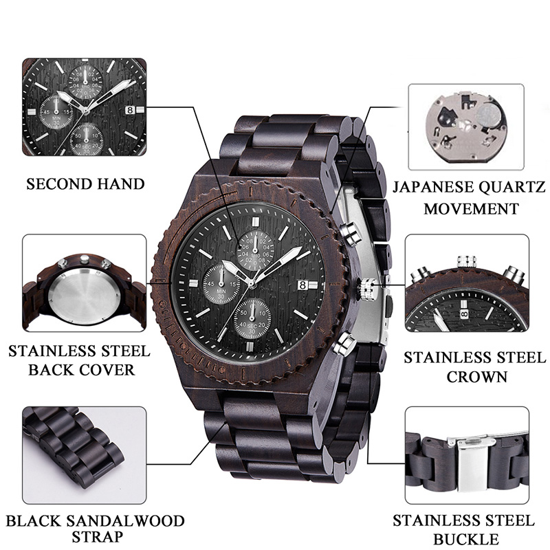 Reloj de madera Cronógrafo para hombre Multifunción Negro Ecológico Reloj de madera natural