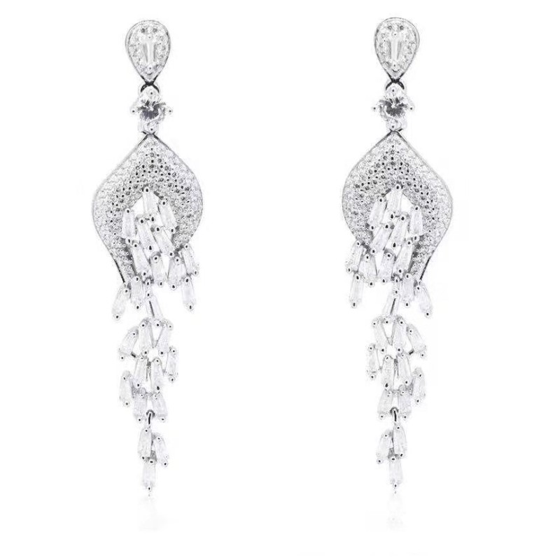 Plata de ley 925 platino plateado sintético zirconia cúbica mujeres boda cuelga pendientes de novia