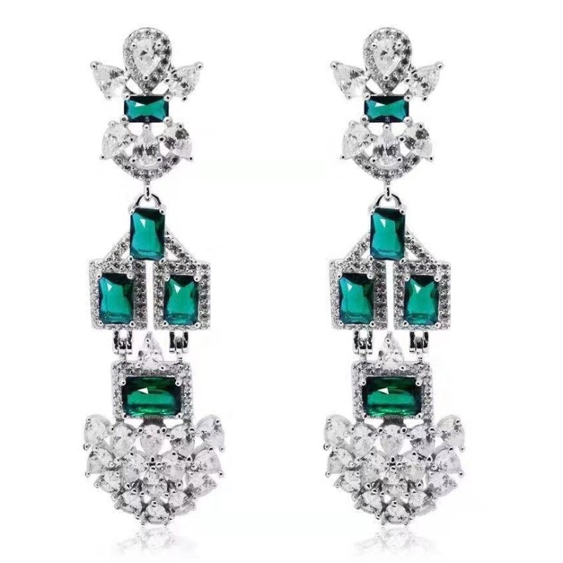 Pendientes de esmeralda sintética de plata de ley 925 Pendientes de boda de estilo barroco con circonita cúbica para mujer Pendientes colgantes