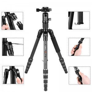 KINGJOY Trípode fotográfico de cámara de bloqueo de giro ligero plegable portátil de aluminio de 5 secciones con kit de cabeza esférica para DSLR