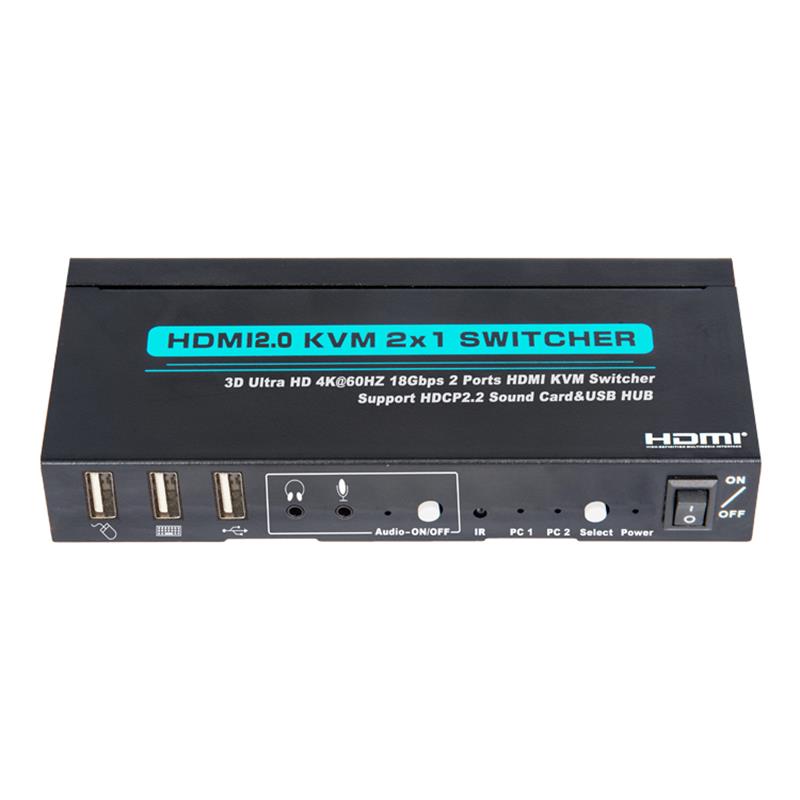V2.0 HDMI KVM 2x1 Switch Support Ultra HD 4Kx2K @ 60Hz HDCP2.2 18Gbps Tarjeta de sonido y Hub USB