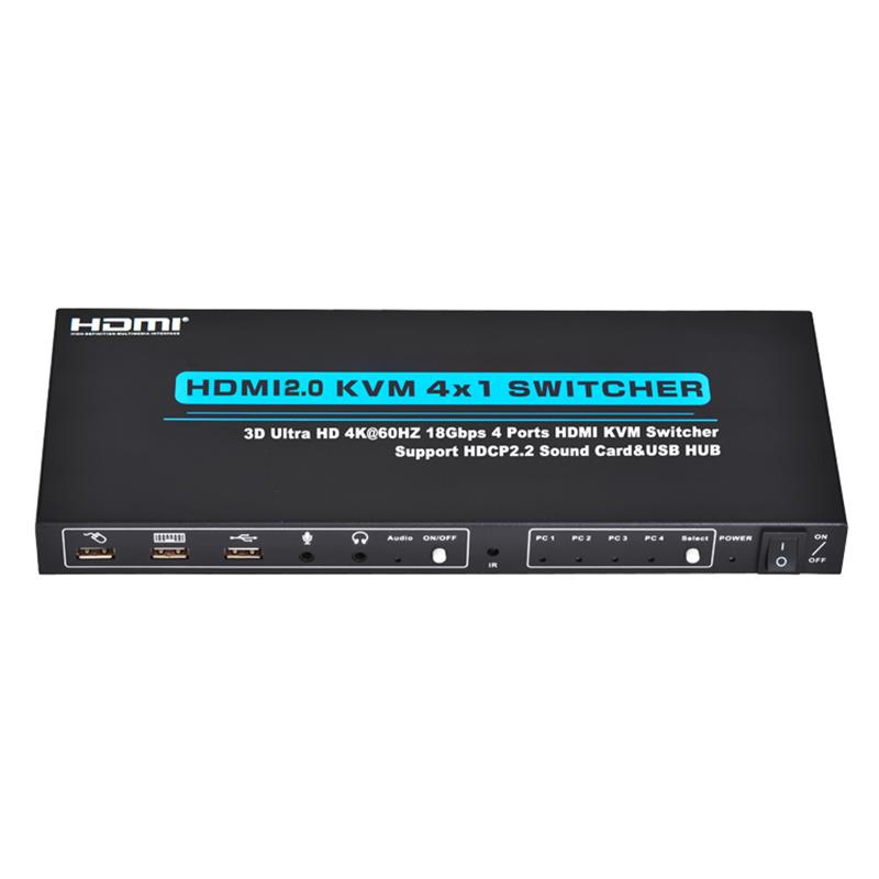 V2.0 HDMI KVM 4x1 Switch Support Ultra HD 4Kx2K @ 60Hz HDCP2.2 18Gbps Tarjeta de sonido y Hub USB