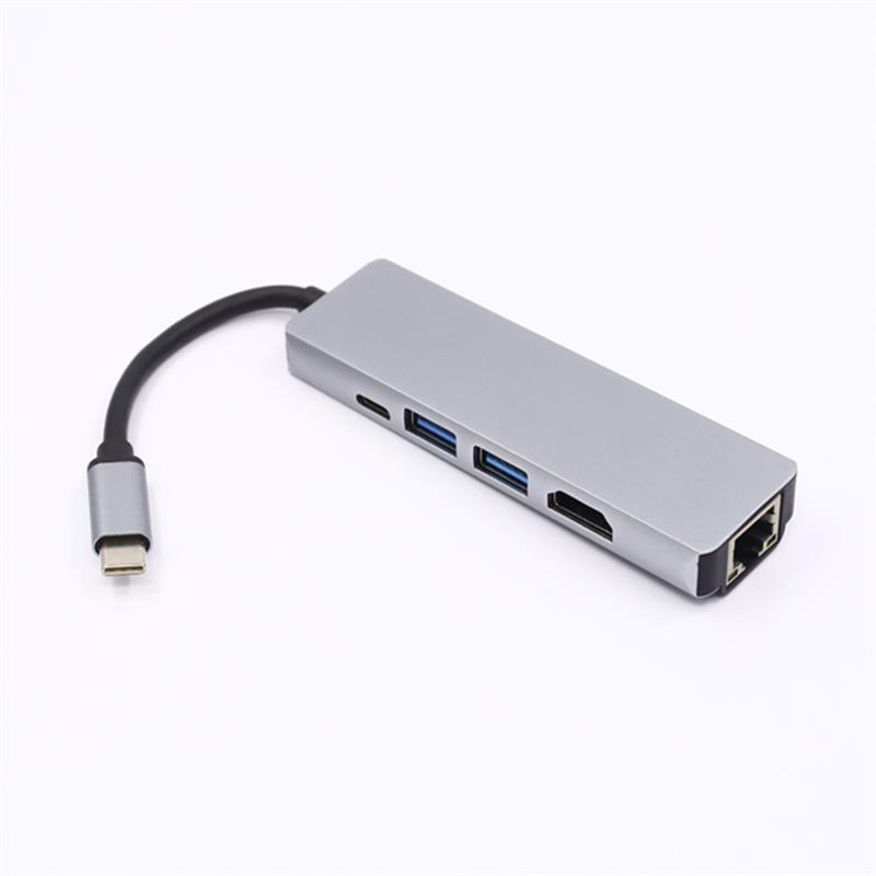Adaptador de concentrador USB tipo C 5 en 1 a HDMI + LAN (1000M) + USB 3.0x2 + tipo C