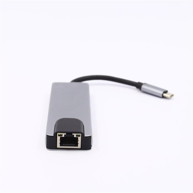 Adaptador de concentrador USB tipo C 5 en 1 a HDMI + LAN (1000M) + USB 3.0x2 + tipo C