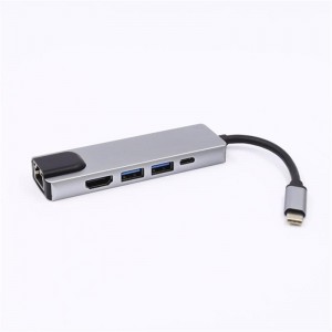 Adaptador de concentrador USB tipo C 5 en 1 a HDMI + LAN (1000M) + USB 3.0x2 + tipo C