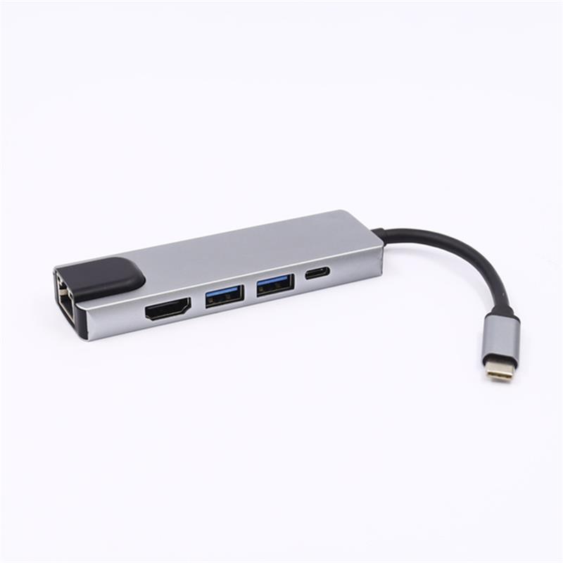 Adaptador de concentrador USB tipo C 5 en 1 a HDMI + LAN (1000M) + USB 3.0x2 + tipo C