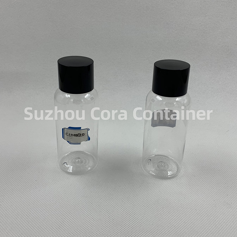 100 ml de talla de cuello 20 mm. PET plástico, maquillaje, tapa giratoria.