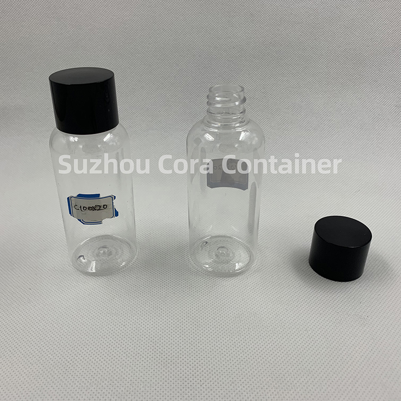 100 ml de talla de cuello 20 mm. PET plástico, maquillaje, tapa giratoria.