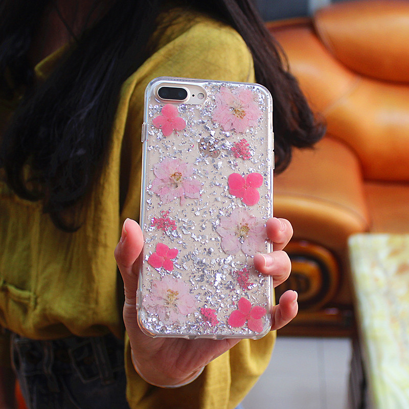 TPU + PC estuche para teléfono móvil con pegamento de gotas brillantes con flor interior hecha a mano para iPhone 6 Plus / 7 Plus / 8 Plus