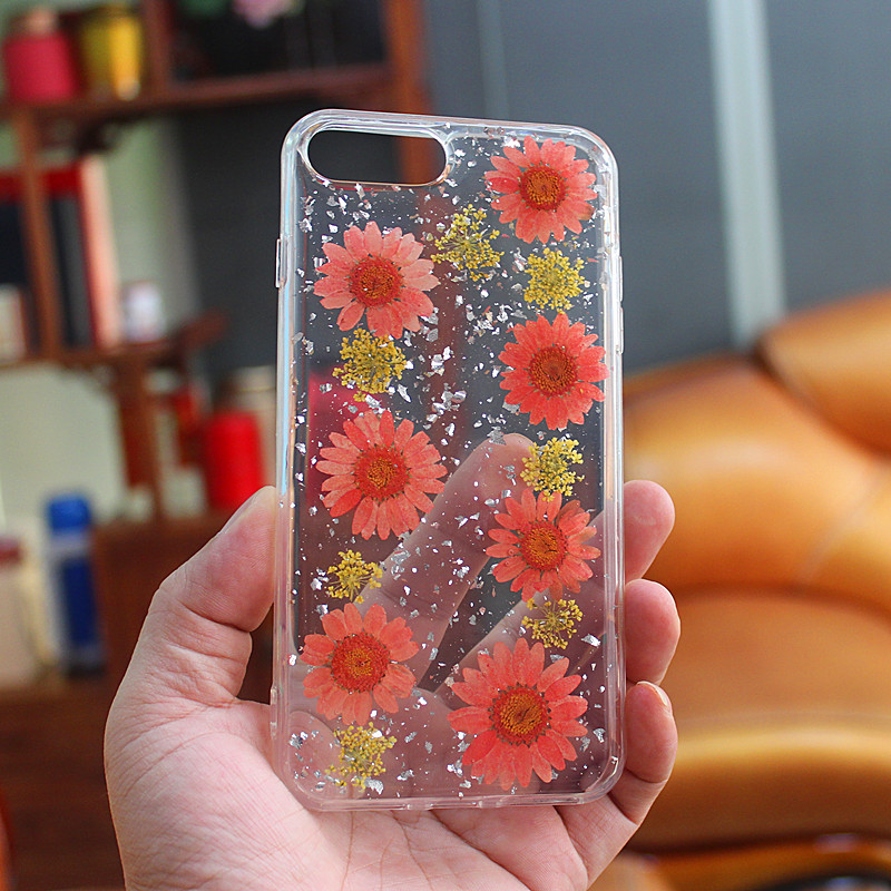 TPU + PC estuche para teléfono móvil con pegamento de gotas brillantes con flor interior hecha a mano para iPhone 6 Plus / 7 Plus / 8 Plus