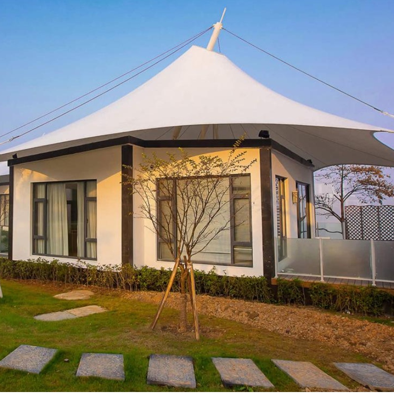 Venta caliente Casas prefabricadas PVDF / PTFE Material de tela Tienda de campaña Hotel de pared de vidrio Tiendas de glamping para Jungle Resort
