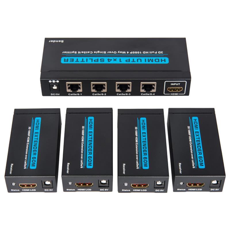 Divisor HDMI UTP 1x4 de 4 puertos sobre un solo Cat5e / 6 con 4 receptores de hasta 60 m