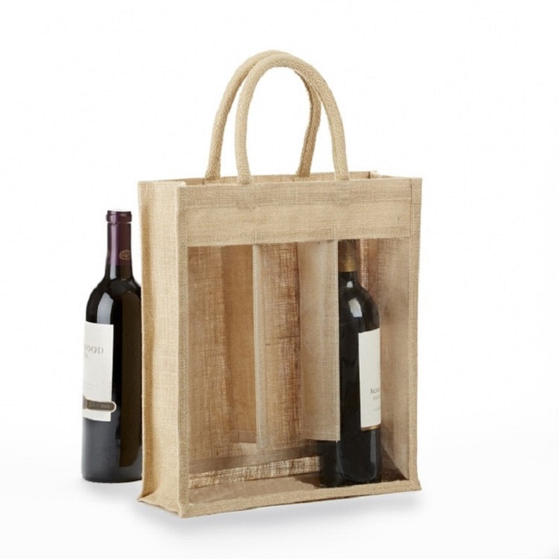 SGS52 Bolsas de compras ecológicas ecológicas con 3 botellas de yute y botellas de vino con ventana personalizadas