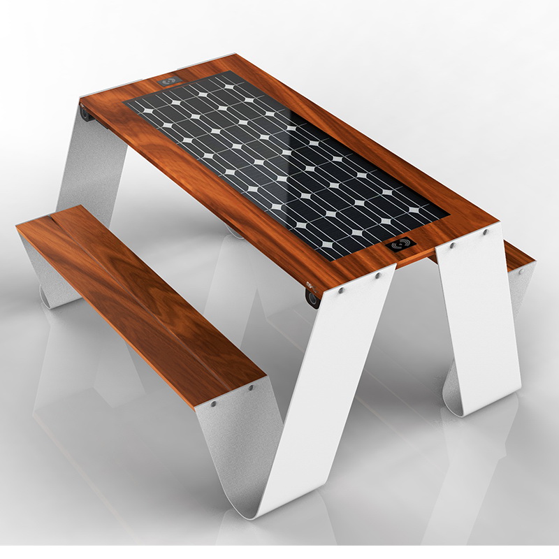 Mesa de picnic de madera inteligente con wifi y carga de teléfono con energía solar