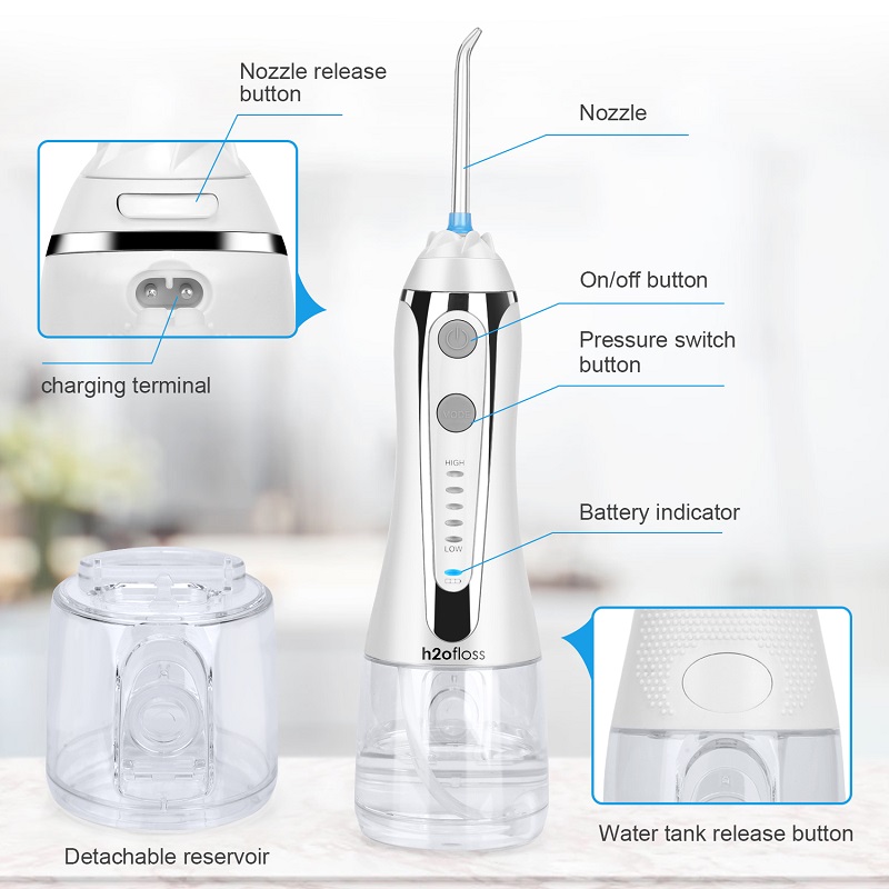 H2ofloss Water Flosser Irrigador bucal dental inalámbrico profesional - IPX7 portátil y recargable, uso de hilo dental a prueba de agua para la limpieza de los dientes, depósito de 300 ml para el hogar y los viajes (HF-2)