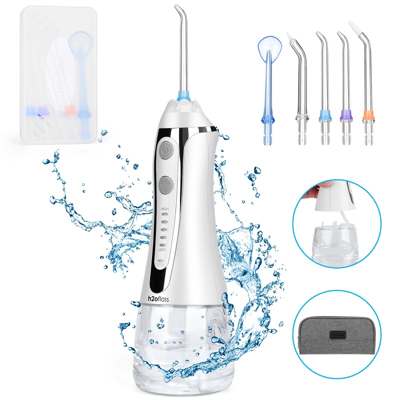 H2ofloss Water Flosser Irrigador bucal dental inalámbrico profesional - IPX7 portátil y recargable, uso de hilo dental a prueba de agua para la limpieza de los dientes, depósito de 300 ml para el hogar y los viajes (HF-2)