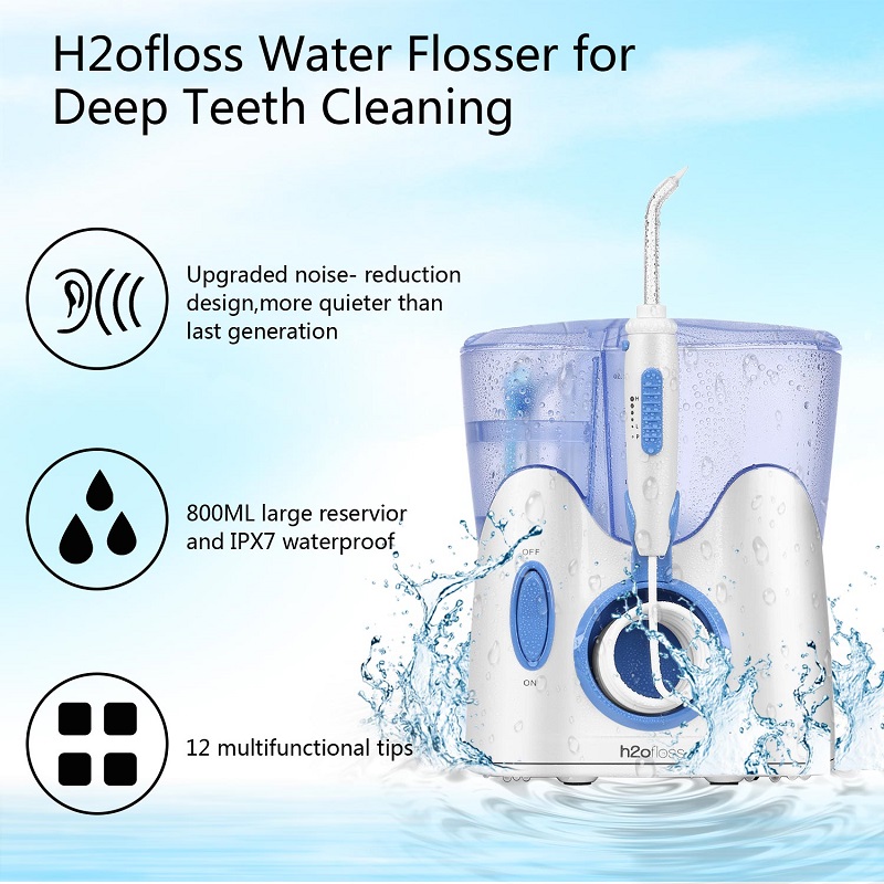 H2ofloss Dental Water Flosser para la limpieza de los dientes con 12 puntas multifuncionales y 800 ml, diseño silencioso de irrigación oral profesional para encimera