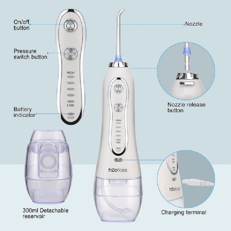 H2ofloss Water Flosser Irrigador bucal dental inalámbrico profesional - IPX7 portátil y recargable, uso de hilo dental a prueba de agua para la limpieza de los dientes, depósito de 300 ml para el hogar y los viajes (HF-6)