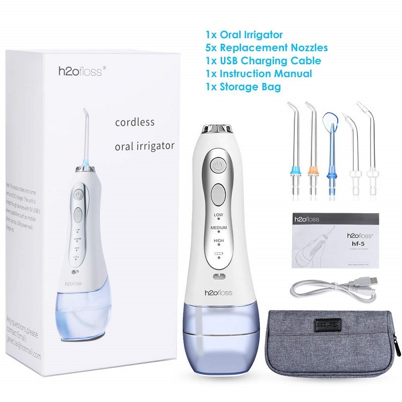 H2ofloss Water Flosser Irrigador bucal dental inalámbrico profesional - IPX7 portátil y recargable, uso de hilo dental a prueba de agua para la limpieza de los dientes, depósito de 300 ml para el hogar y los viajes (HF-5)