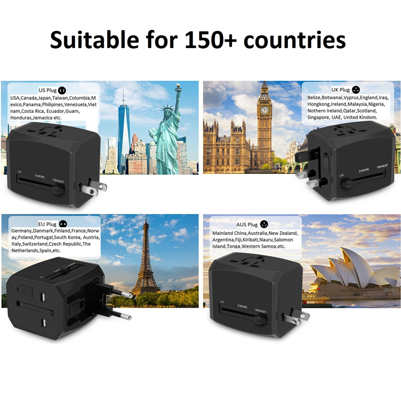 RRTRAVEL nuevo adaptador de viaje universal inteligente mundial personalizado con enchufe de alimentación de cargador rápido usb para Europa, Reino Unido, EE. UU., Australia