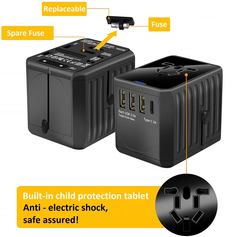 RRTRAVEL Adaptador de viaje internacional Adaptador de corriente universal en todo el mundo 4 USB con enchufe eléctrico Perfecto para Europa, EE. UU., UE, Reino Unido, AU 160 países
