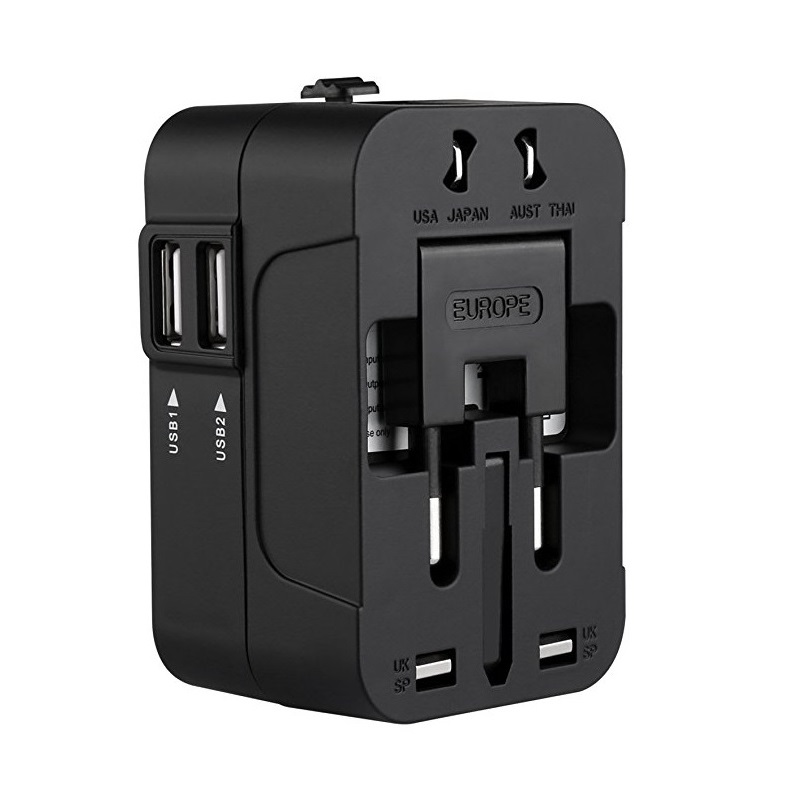 RRTRAVEL International Universal All in One Adaptador de viaje mundial Cargador de pared Adaptador de enchufe de alimentación de CA con puertos de carga USB duales para EE. UU. UE Reino Unido AUS Teléfono celular europeo Portátil