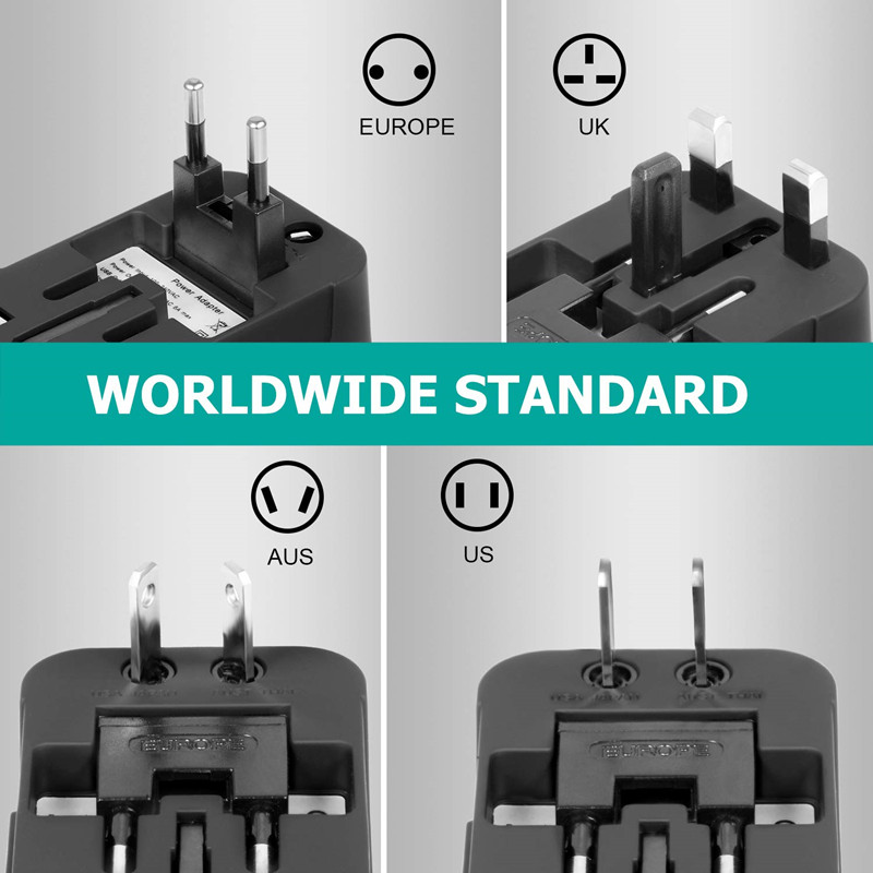 RRTRAVEL International Universal All in One Adaptador de viaje mundial Cargador de pared Adaptador de enchufe de alimentación de CA con puertos de carga USB duales para EE. UU. UE Reino Unido AUS Teléfono celular europeo Portátil