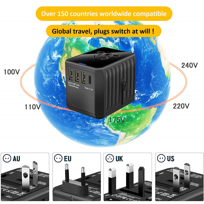 Max Power 1920W y 30W (3USB y 1Type C) Adaptador de viaje universal de carga súper rápida Adaptador de corriente de viaje mundial Adaptador de pared universal con PD y carga rápida 3.0 para US EU UK AUS (el paquete puede variar)